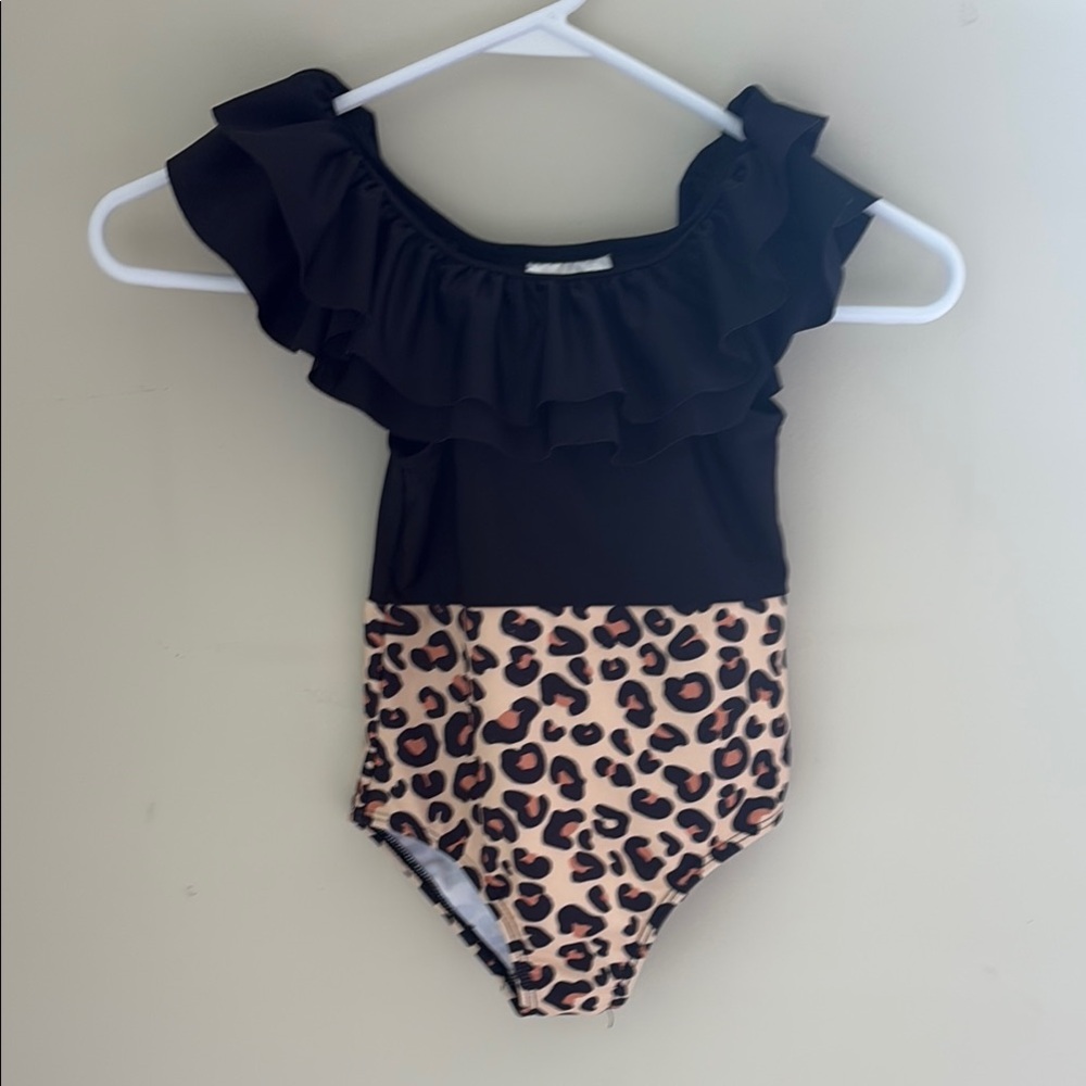 Black Ruffle Leopard Print Swimsuit